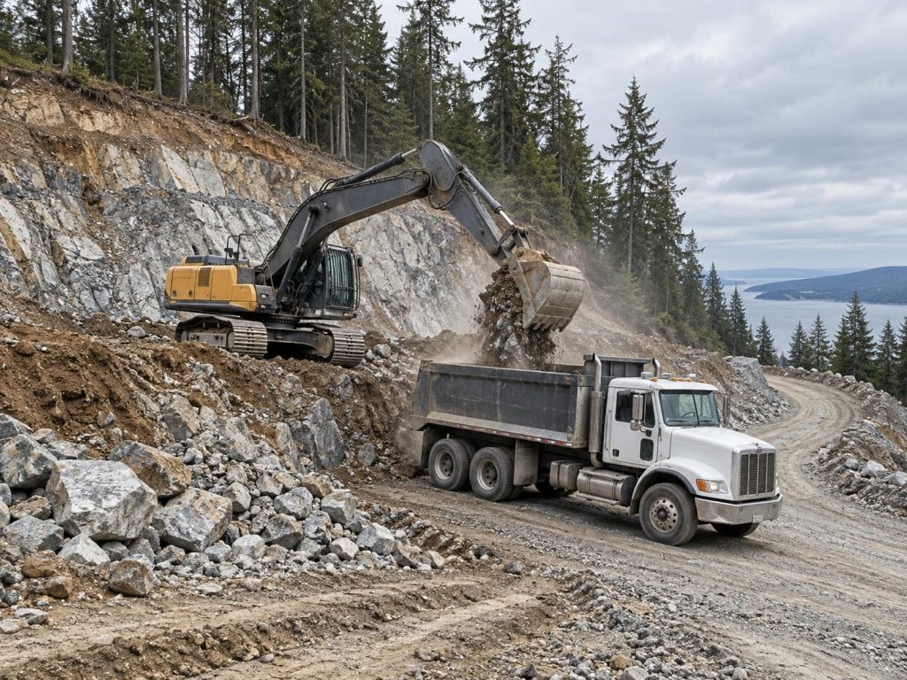 Excavator loading rock and soil into a tandem dump truck on a hillside lot being cut and benched