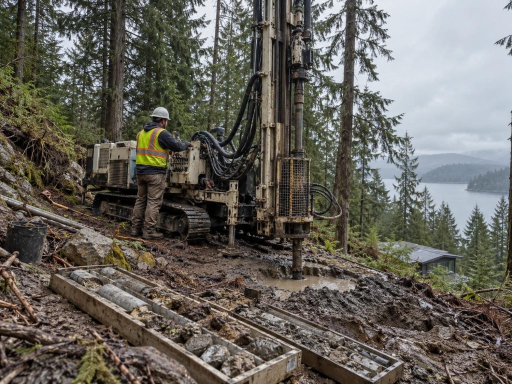 Technician working a small tracked drilling rig on a steep treed lot to take soil samples for a geotechnical report