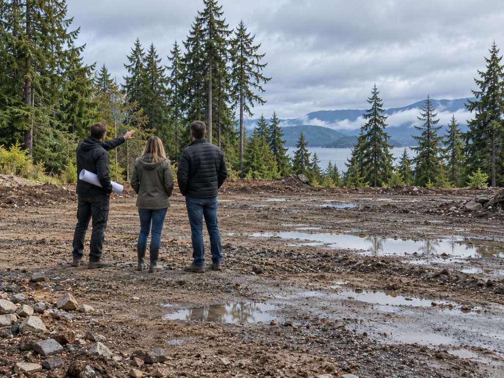 Three people standing on a cleared lot with a rolled set of drawings, looking across the open ground toward the treeline