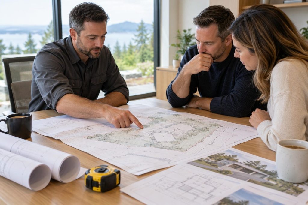 Builder and two homeowners going over a survey plan and drawings across a meeting table