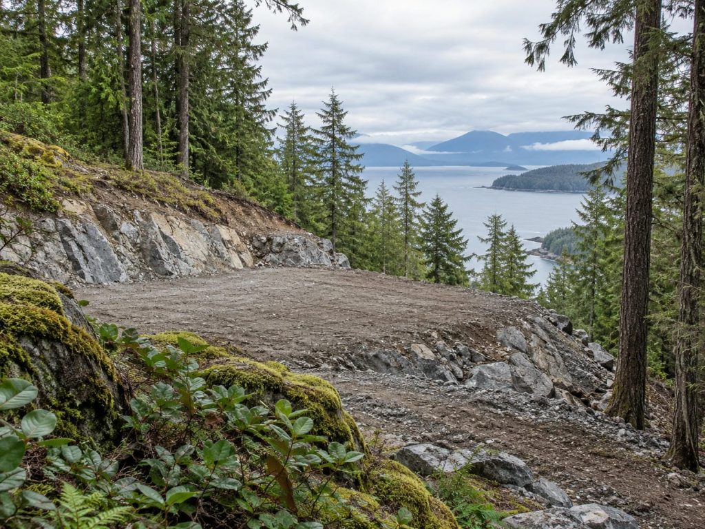 Benched building lot on a forested hillside above the water near Nanaimo, with a levelled pad cut into the sloping ground