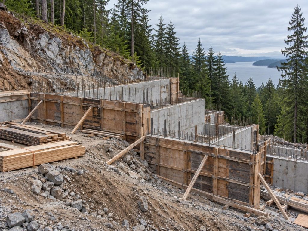 New concrete foundation walls stepping down a hillside in plywood forms with rebar standing up from the top