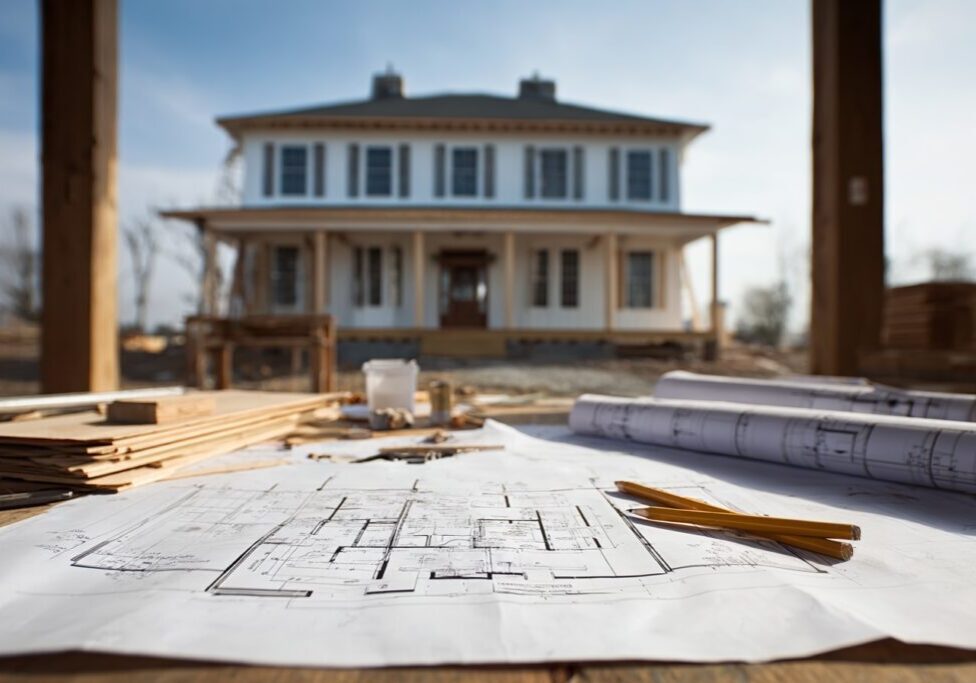 Nanaimo custom home in the background with building plans in the foreground