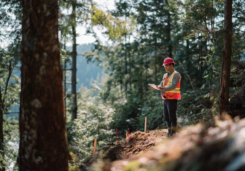 Geotechnical engineer assessing slope stability for a Nanaimo custom home