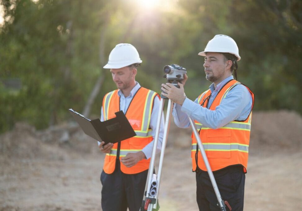 Two surveyors in hard hats and safety vests conducting a property survey on a custom home building site