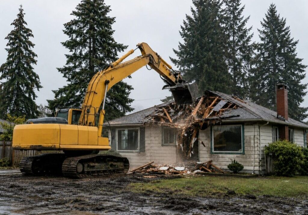 An excavator tearing into an older wood-frame house during a teardown rebuild in Nanaimo BC